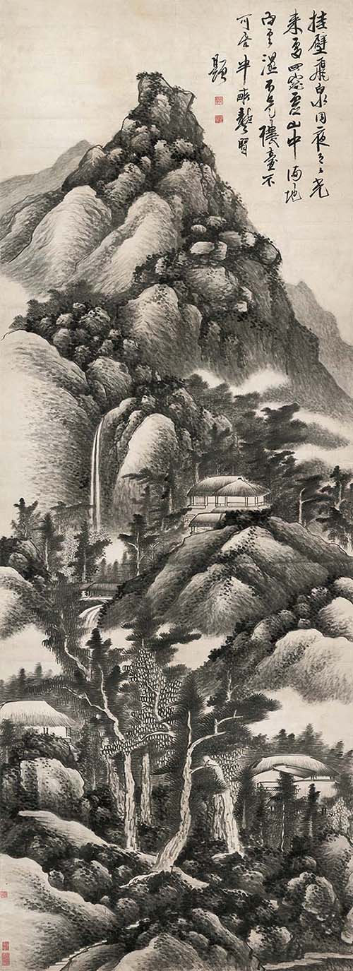 清 龚贤 挂壁飞泉图 国画山水 水墨画