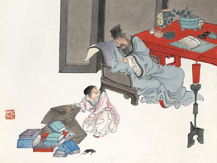 清代 任薰 十二生肖人物图册01 鼠 咬文嚼字