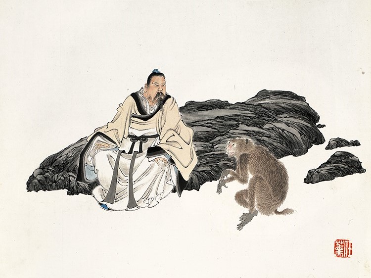 清代 任薰 十二生肖人物图册09 朝三暮四