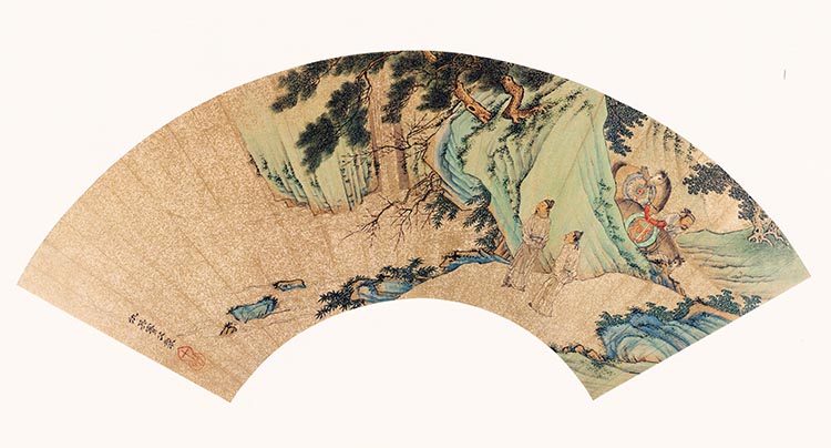 明 仇英扇面 1花岩游骑图