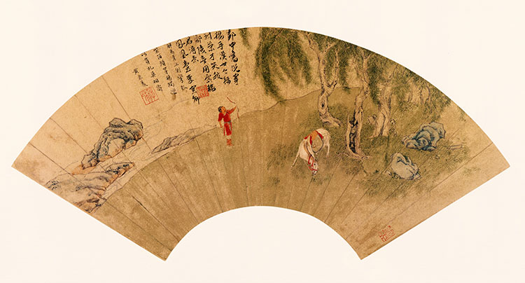 明 仇英扇面 2 解马弯弓图