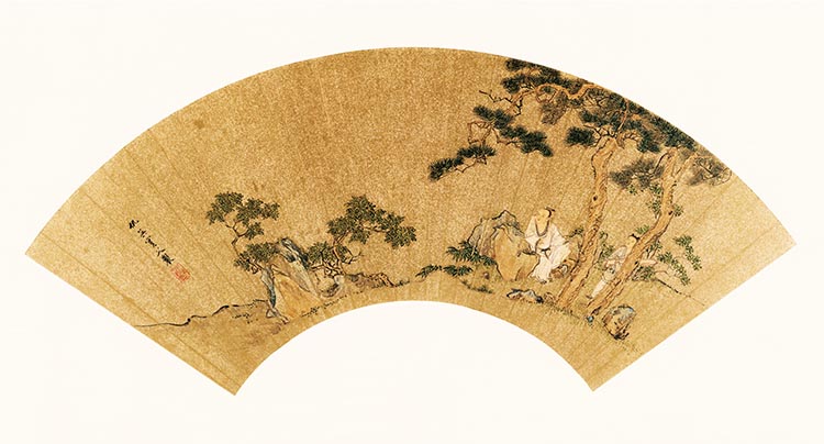 明 仇英扇面 3 抚琴听松图