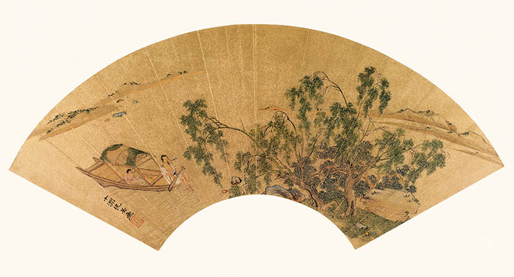 明 仇英扇面 5 书舫停桡图