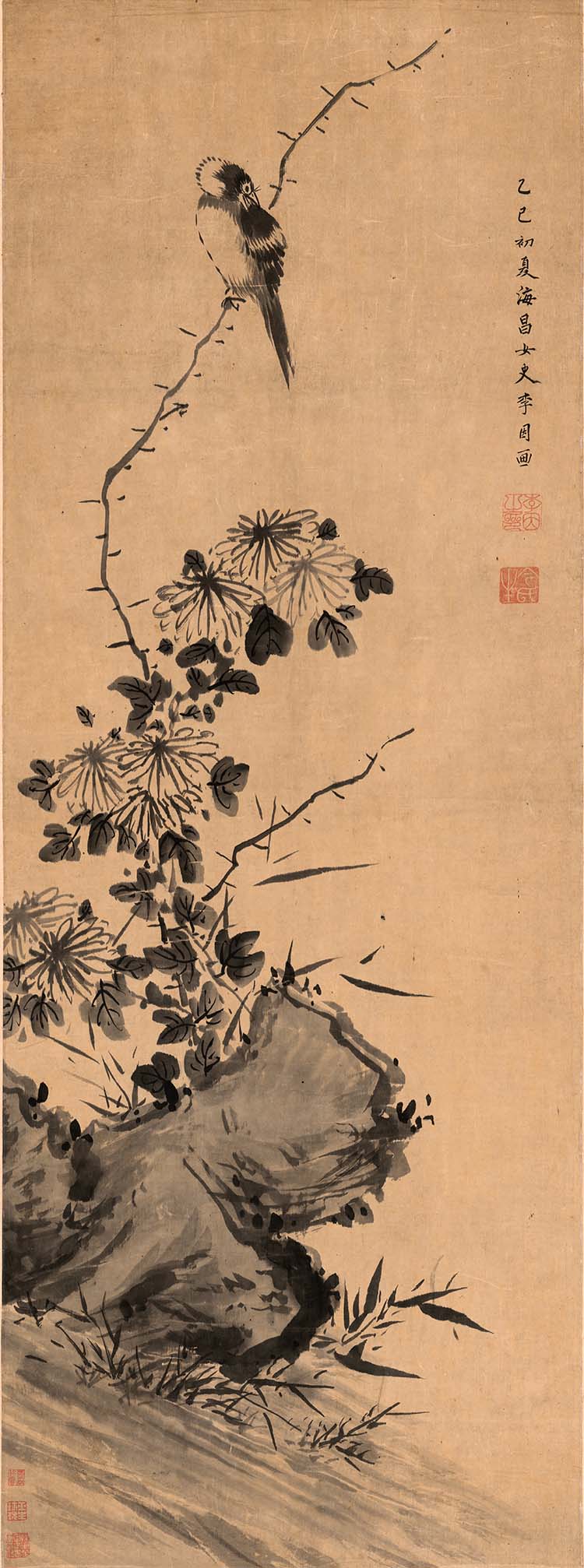 明 李因 菊石鸣禽图