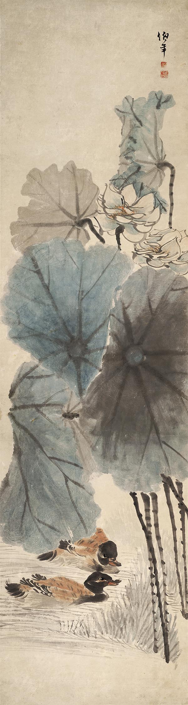 清 任伯年 荷花鸳鸯图