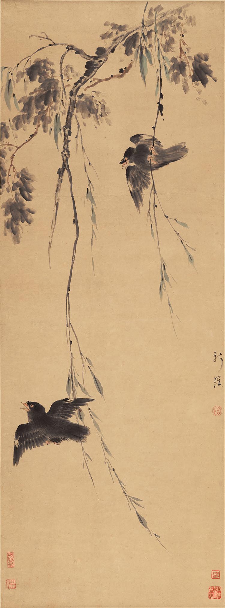 清 华岩华嵒 柳禽图