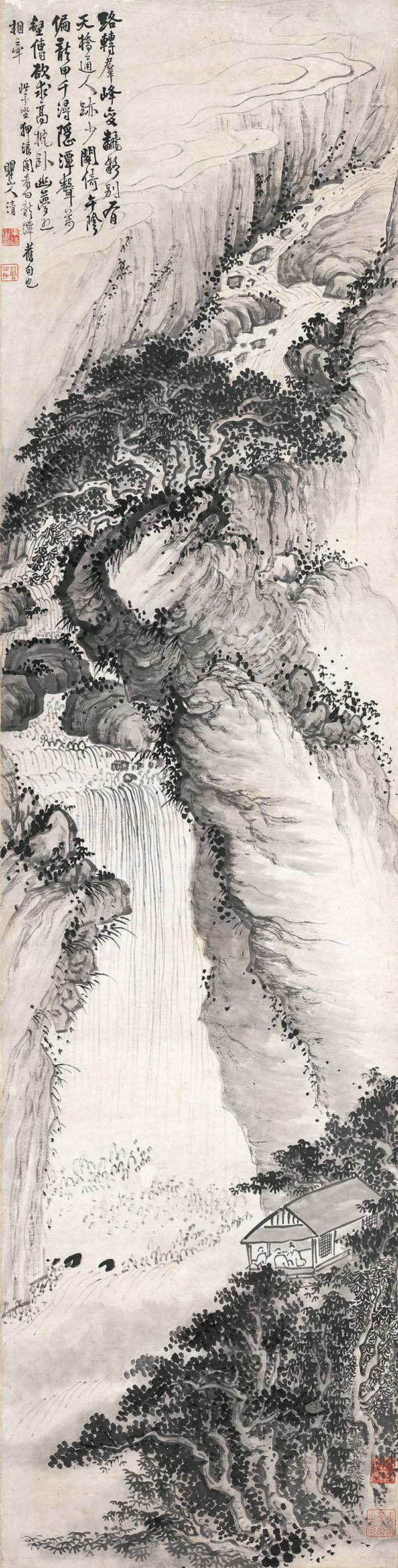 清 梅清 龙潭听瀑图