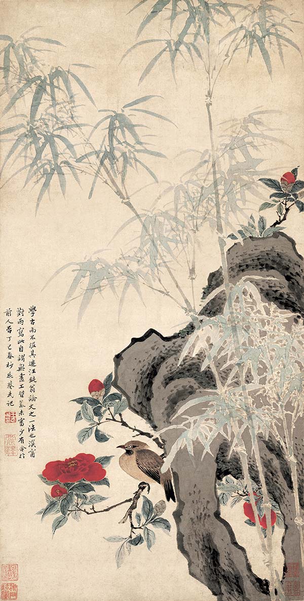 清 王武 花竹栖禽图 绢本 高清图下载