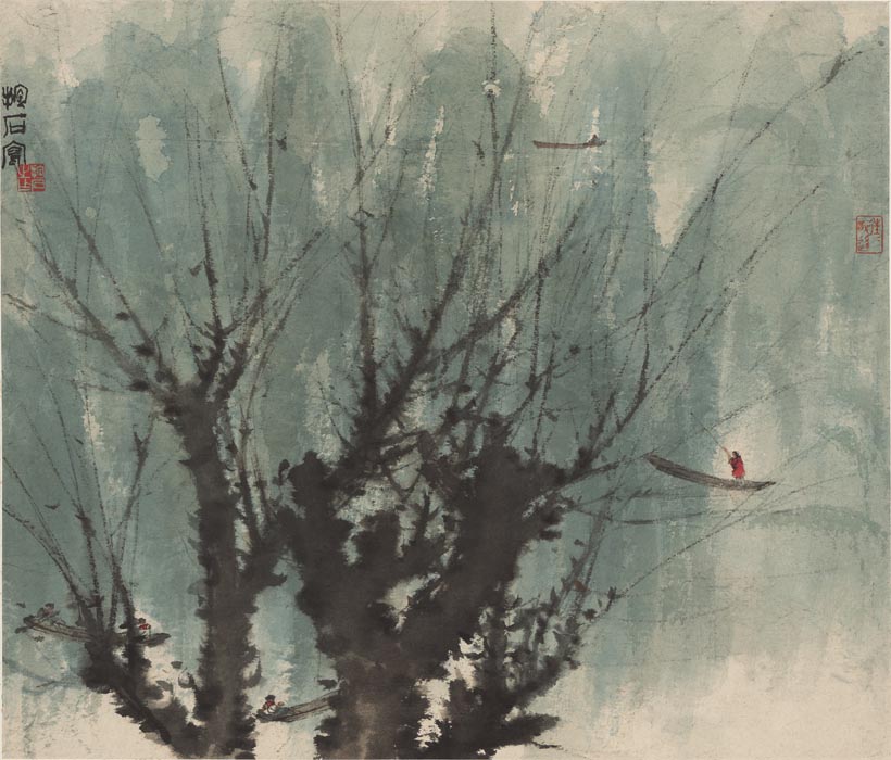 傅抱石 柳畔水墨画 高清图下载