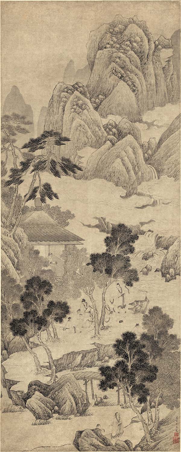 明 尤求 墨笔山水人物轴