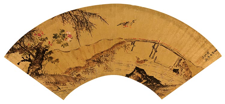 明 郁乔枝 花鸟扇面 高清图下载