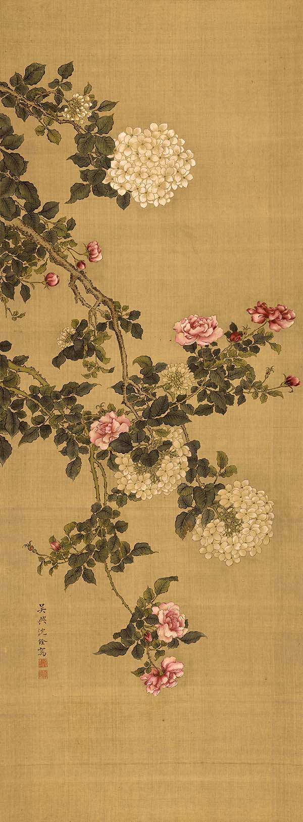 清 沈铨 花卉图 蔷薇绣球图