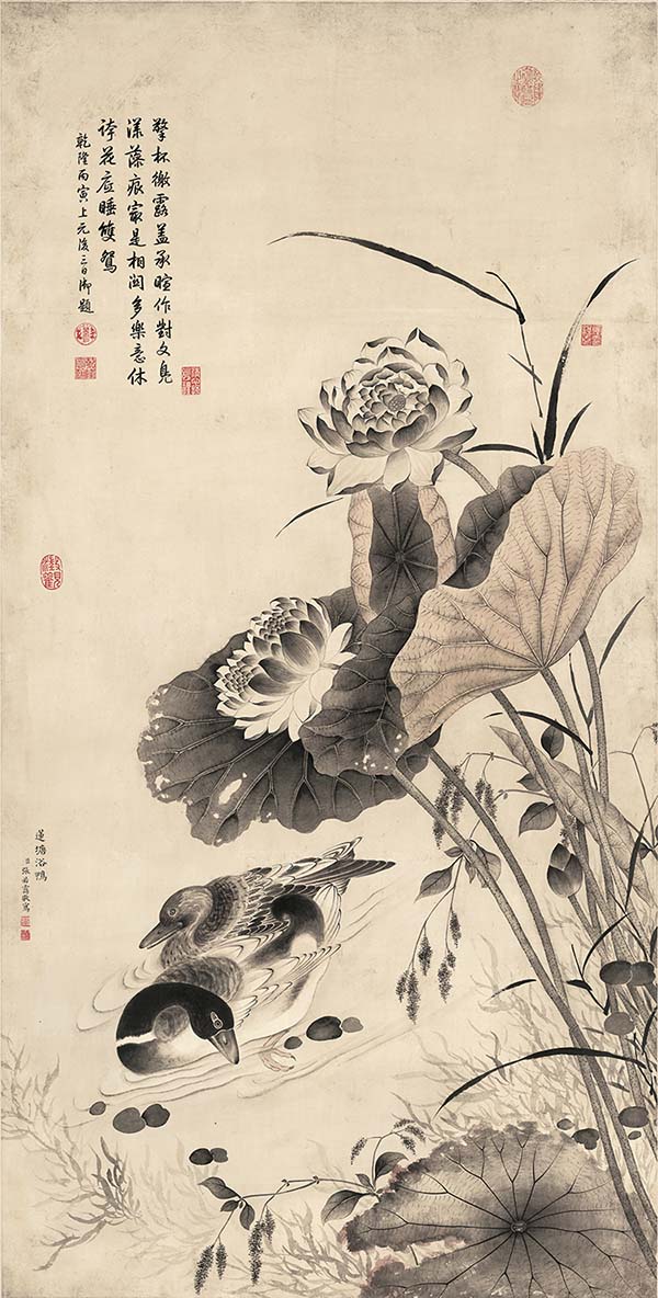 清 张若霭 莲塘浴鸭图 高清图下载