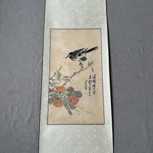 溥心畬柿子小鸟 客厅装饰书房玄关民宿挂画名家字画中国风卷轴画