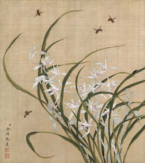 清 余穉 花鸟图十二开07兰花蜜蜂 高清图下载